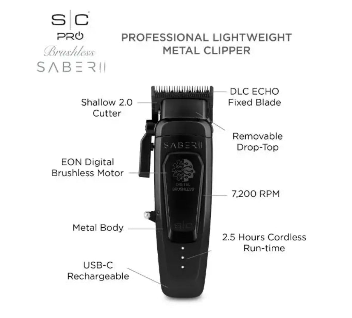 StyleCraft Saber 2.0 Cordless Modular Clipper w/ High-Torque Digital Brushless Motor Black
