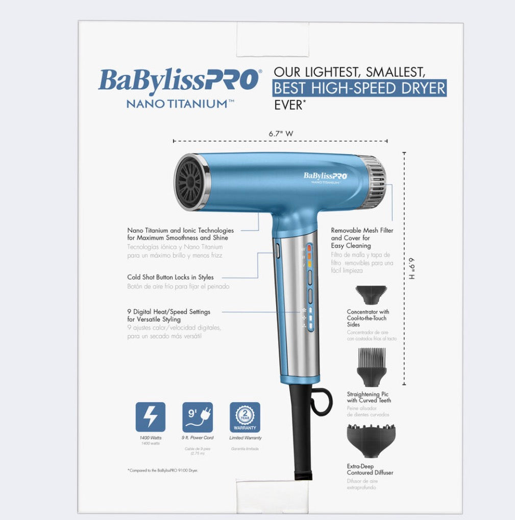 BaBylissPRO Nano Titanium Light Ionic High Speed Hair Dryer - Blue