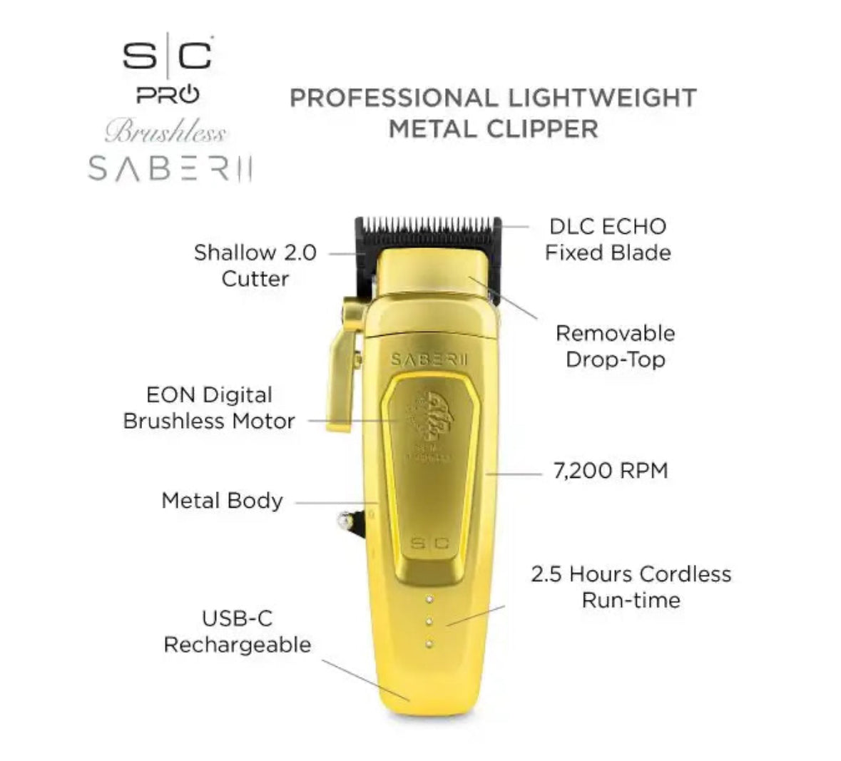 StyleCraft Saber 2.0 Cordless Modular Clipper w/ High-Torque Digital Brushless Motor Gold